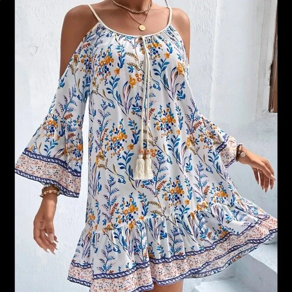 Boho Gypsy Floral Print Tassel Cold Off Drop Shoulder Dress - Picture 7 of 15